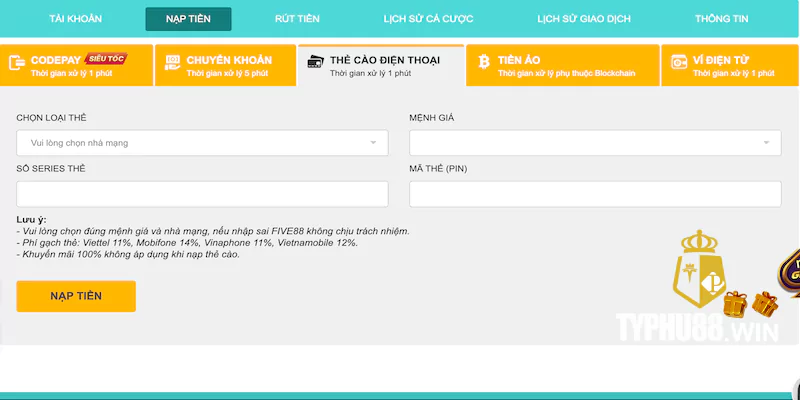 Nạp tiền vào Typhu88 thông qua thẻ cào điện thoại