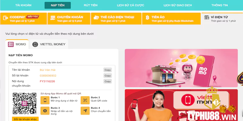 Nạp tiền vào Typhu88 qua hình thức ví điện tử